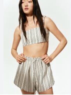 H&M Beige and White Striped Cotton Crop Top & Shorts Set